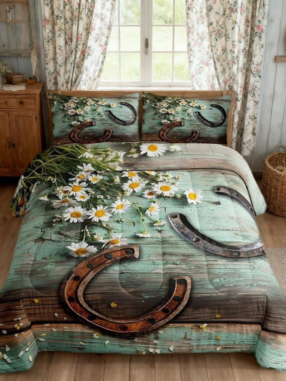 Rustic Farmhouse Comforter Set King Size Horseshoe Western Cowboys Quilt Set